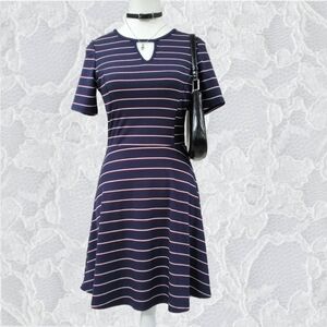 H&M Navy striped skater dress with key hole cut out US4